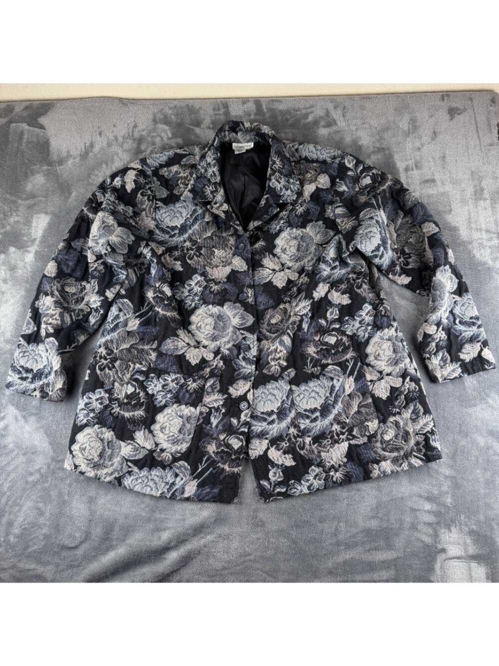 Coldwater Creek Tapestry Button Up Navy Floral Jacket XL Pockets Art To Wear